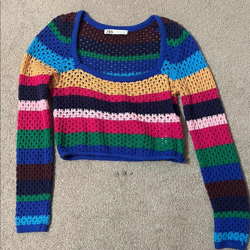 Zara Rainbow Crochet Knit Sweater